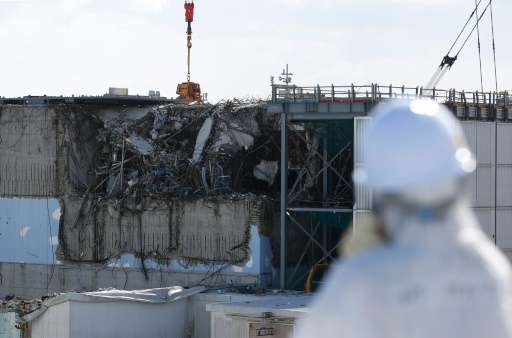 View of the No. 3 reactor building during a media tour of Tokyo Electric Power Co's (TEPCO) Fukushima Daiichi nuclear power plan