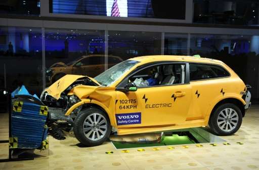 Volvo displayed an electric C30 sedan that had been in a crash test to show its safety features on January 11, 2011