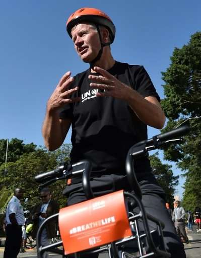 Erik Solheim, head of the UN Environment Programme, during a bike tour in Nairobi on Sunday ahead of the three-day UN Environmen