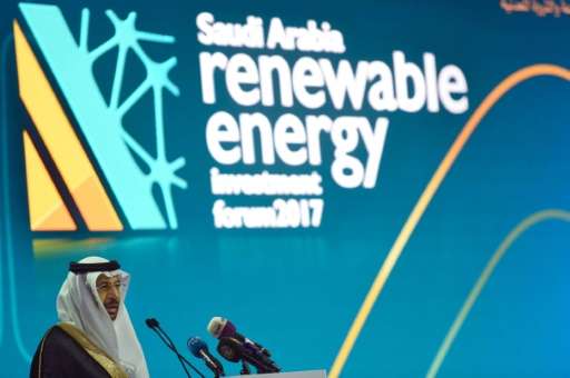 Saudi Minister of Energy, Industrial and Mineral Resources Khaled al-Falih speaks during the Saudi Arabia Renewable Energy Inves