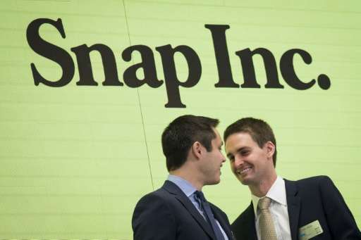 Snapchat co-founders Bobby Murphy, left, and Evan Spiegel, chief executive officer of Snap Inc., at the New York Stock Exchange 