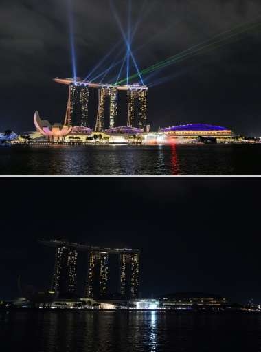 This combination of pictures created on March 19, 2016 shows the Marina Bay Sands hotel and resort before (TOP) and during (BOTT