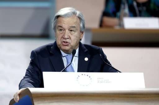 United Nations Secretary General Antonio Guterres speaks during the One Planet Summit on December 12, 2017 at La Seine Musicale 