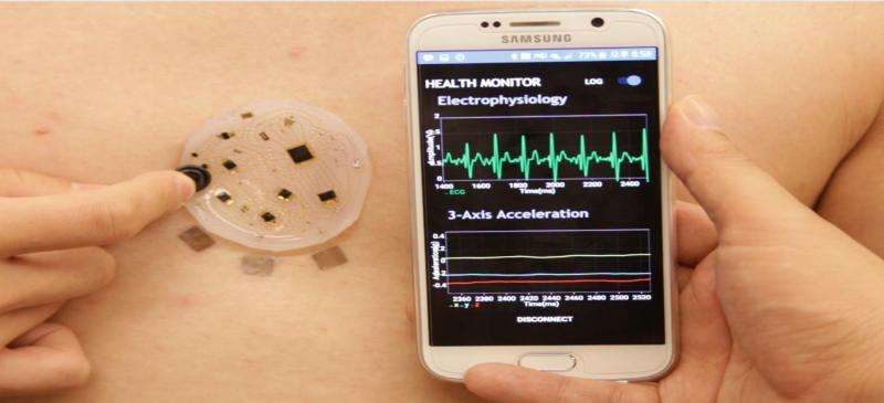 Stick-on patch collects, analyzes and wirelessly transmits a variety of health metrics