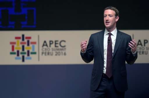 Facebook CEO Mark Zuckerberg, seen here at an Asia-Pacific Economic Cooperation (APEC) Summit in Lima in November 2016, says he 