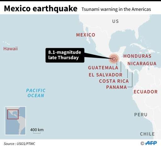 Map showing the epicentre of a 8.1-magnitude quake that hit the coast of Mexico late Thursday and countries in the Americas with