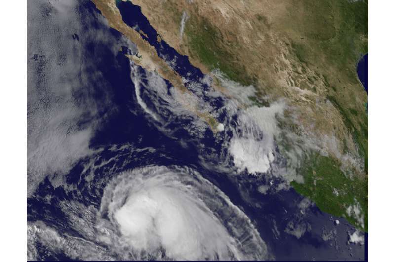 Satellite shows some shear in Hurricane Hilary