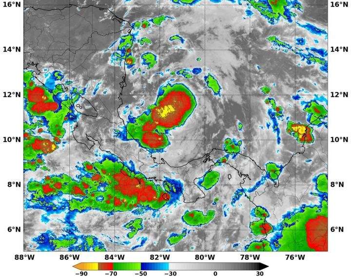 NASA sees Tropical Depression 16 develop in southwestern Caribbean Sea
