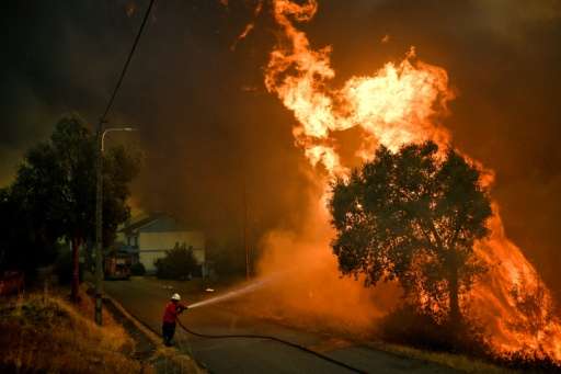 A firefighter tackles a blaze close to the village of Pucarica in Abrantes, Portugal