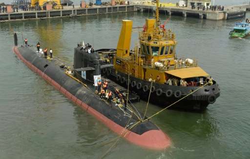 This file photo taken on October 29, 2015 shows the Scorpene-class submarine INS Kalvari (S50) at the naval dockyard in Mumbai