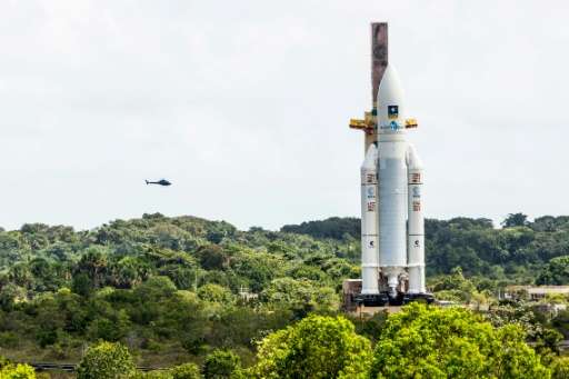 An Ariane 5 rocket sits on the launch pad at the Kourou Space Center in French Guiana