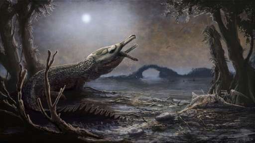 An artists rendering of a Lemmysuchus, a Jurassic-era sea-dwelling crocodile