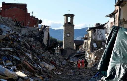 A picture taken on October 4, 2016 shows destruction in the village of Amatrice that was rattled by an earthquake on August 24, 