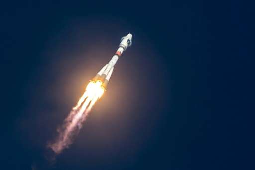 A Soyuz rocket blasting off from the European Space Center, pictured in December 2015, launching one of the four satellites of t