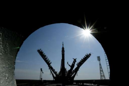 A Soyuz spacecraft is mounted on the launch pad at the Russian-leased Baikonur cosmodrome in Kazakhstan on September 10, 2017