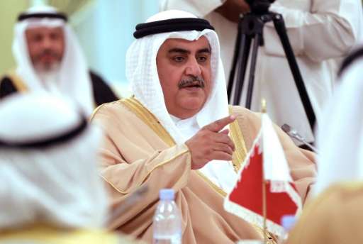 Bahraini Foreign Minister Sheikh Khaled bin Ahmed al-Khalifa addresses a press conference in Kuwait City on April 16, 2017