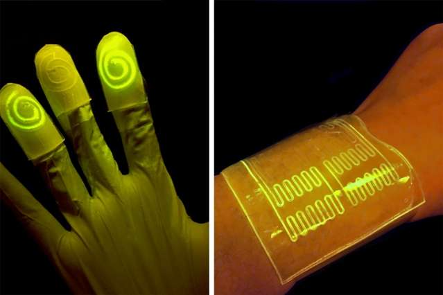 Cell-infused gloves and bandages light up when in contact with certain chemicals