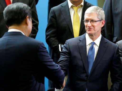 Chinese President Xi Jinping, left, shakes hands with Apple CEO Tim Cook, right, during a gathering of CEOs and other executives
