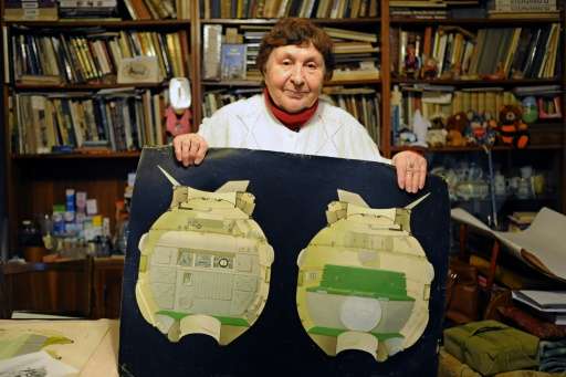 Galina Balashova, the artist who designed the first space habitation module for Soviet cosmonauts, shows drawings of her work in