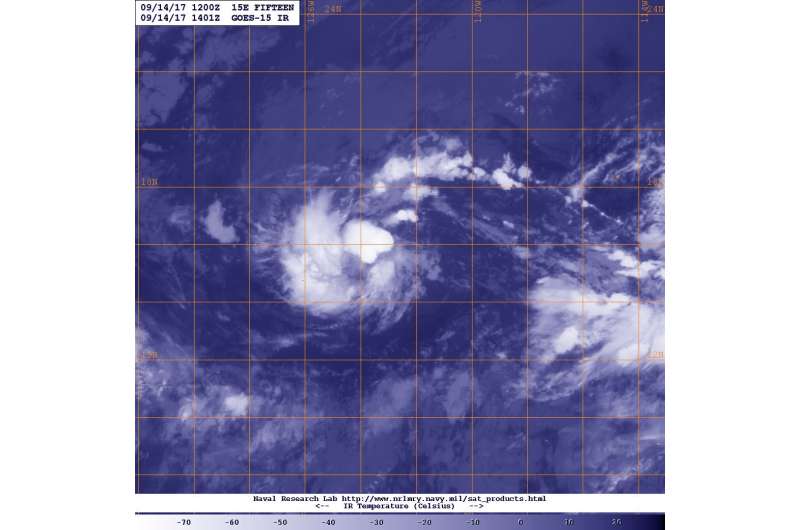 GOES-West Satellite shows shear in Tropical Depression 15E