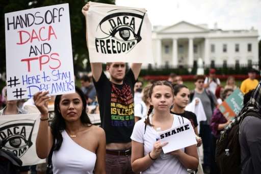 Immigrants and supporters demonstrate during a rally in support of the Deferred Action for Childhood Arrivals (DACA) in front of