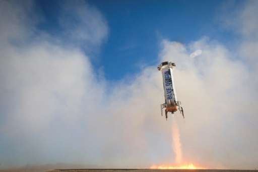 In this handout photo from Blue Origin, the rocket prepared for its third successful vertical landing in a test last year