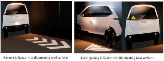 Mitsubishi electric system uses road-surface projections and car-body displays to indicate vehicle movements clearly