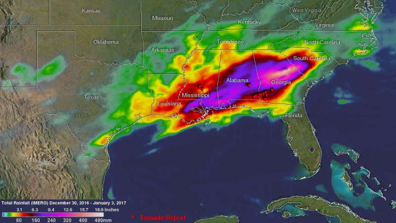 NASA adds up heavy rainfall from southeastern US severe weather