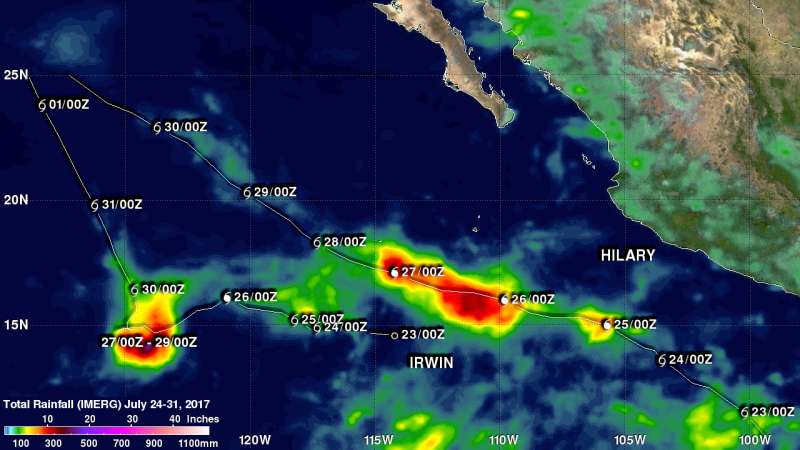 NASA looks at Tropical Cyclones Irwin and Hilary rainfall and Fujiwara Effect