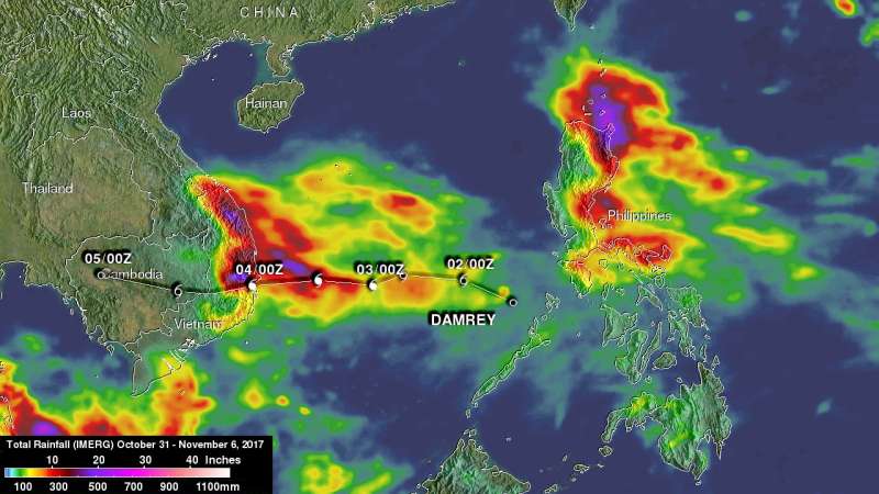 NASA's IMERG adds up heavy rainfall from Tropical Storm Damrey