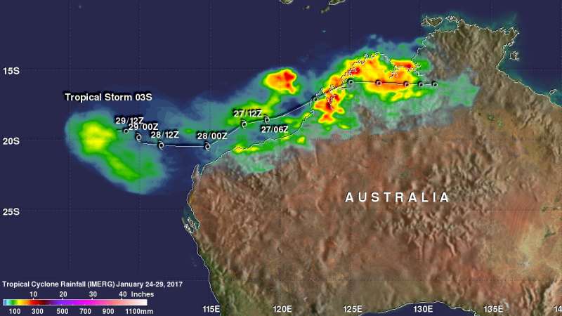 NASA's IMERG calculated rainfall of Tropical Cyclone 03S