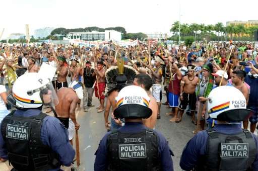 Protesters in Brazil in 2015 demand protection for indigenous people's rights