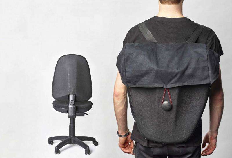 Recycled office chairs transformed into hard-shell backpacks and bicycle panniers