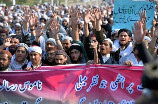 Religious students and activists gather for a protest against social media in Islamabad on March 8, 2017, demanding the removal 