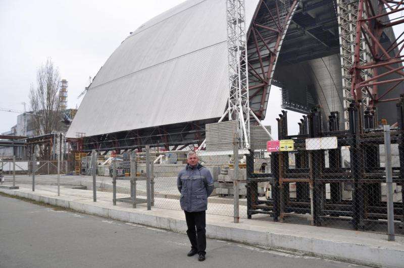 Steel structure shelters sarcophagus at Chernobyl