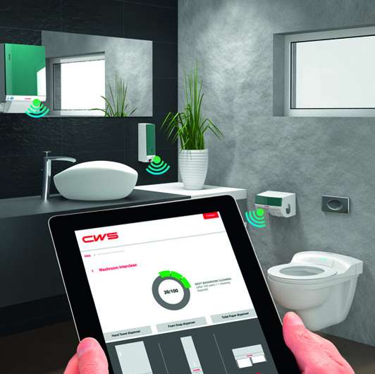 System monitors soap, cotton towel and toilet paper dispensers in washrooms