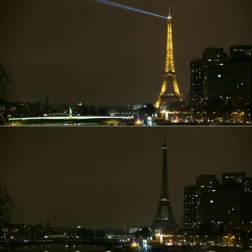 The Eiffel Tower in Paris shown before and after it went dark for Earth Hour