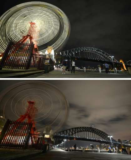 The ferris wheel at Luna Park and Sydney Harbour Bridge before and after being plunged into darkness for the Earth Hour environm