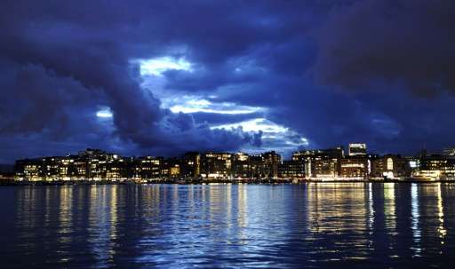 The skyline of Aker Brygge, the Norwegian capital Oslo's waterfront and entertainment area