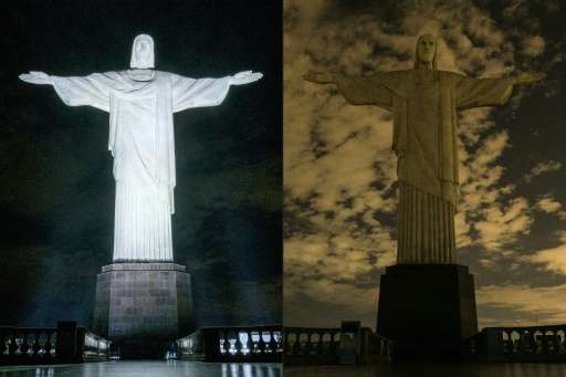 The statue of Christ the Redeemer in Rio de Janeiro shown before and after being plunged into darkness for Earth Hour