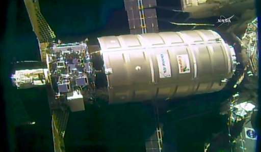 The unmanned Cygnus resupply ship operated by the US company OrbitalATK is show making a delivery to the International Space Sta