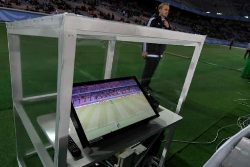 The video assistant referee system is placed beside the pitch prior to the Club World Cup semi-final football match between Mexi