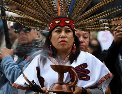 This photo taken on February 5, 2017 shows Native American and demonstrators marching to the Federal Building in Los Angeles in 