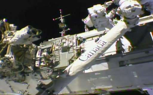 Two US astronauts embarked on a spacewalk to repair to the International Space Station's robotic arm. This NASA picture show ast