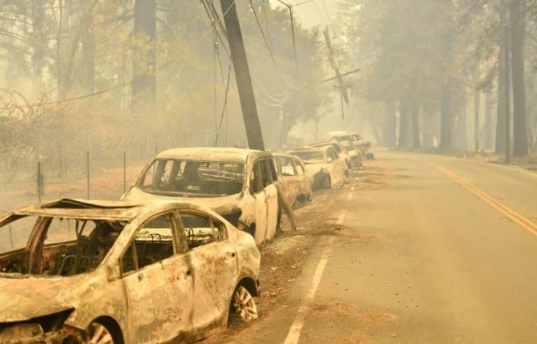 Abandoned vehicles sit on the side of a road, destroyed by flames, in Paradise, north of Sacramento, California