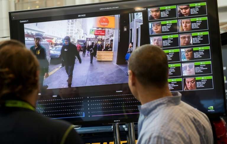 A display shows a facial recognition system for law enforcement during the NVIDIA GPU Technology Conference in 2017 in Washingto