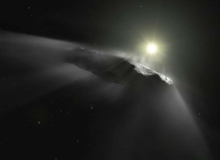 A photo released by the European Space Agency on June 27, 2018 shows an artist's impression of Oumuamua