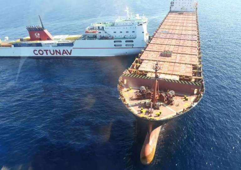 French police released a photo showing the Tunisian-operated Ulysee cargo ship, left, after it rammed the Cyprus-based CLS Virgi