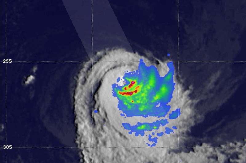 GPM satellite finds rainfall pushed away from Tropical Cyclone Cebile's center