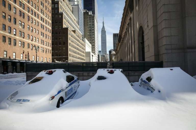Police cars covered in snow in the 2016 &quot;Snowzilla&quot; storm, which dumped some 25 inches on New York